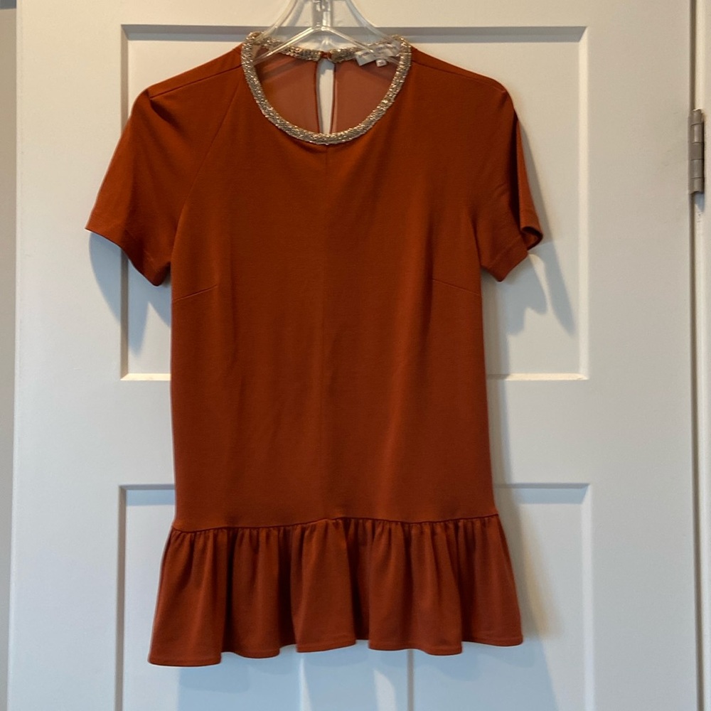 Opening Ceremony rust color top metallic neckline peplum ruffle sheer back XS